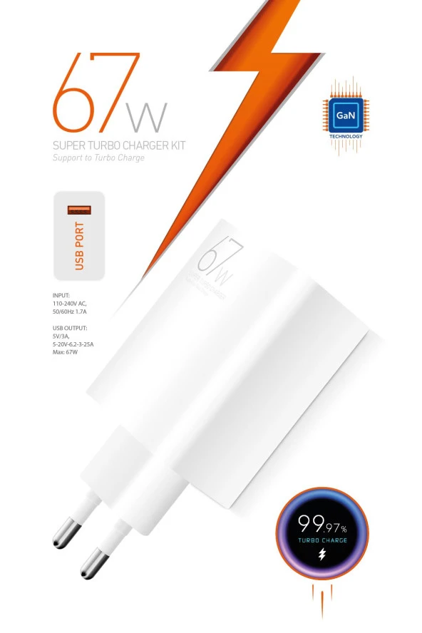 Powerway M67 Süper Turbo 67W Hızlı Şarj Adaptörü Gan Teknoloji Usb Şarj Başlığı Universal Uyumluk - 2