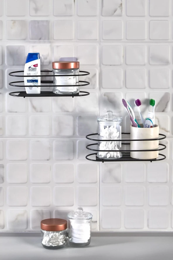 2' li Banyo Düzenleyici - Yapışkanlı Banyo Rafı - Siyah Toparlayıcı Banyo Aksesuarı Şampuanlık Sabunluk ürün görseli 1