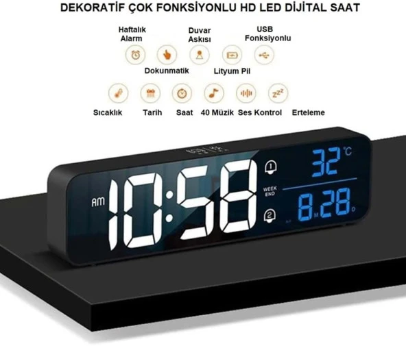 Alfalink HD LED Ekranlı Aynalı Elektronik Saat Sıcaklık Tarih Dijital Masa Saati - 2
