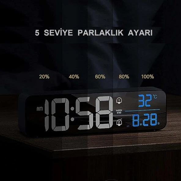 Alfalink HD LED Ekranlı Aynalı Elektronik Saat Sıcaklık Tarih Dijital Masa Saati - 5