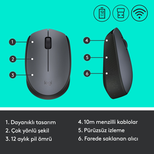 Logitech M170 USB Alıcılı Kablosuz Kompakt Mouse - Gri - 4