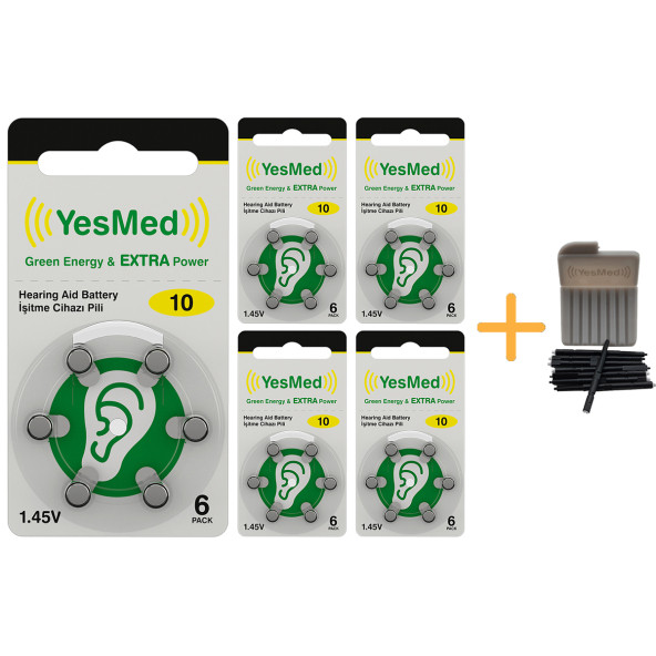 YesMed Extra Power 10 Numara İşitme Cihazı Pili (5 Paket x 6 Adet -30 Adet Pil) + HEDİYE YesMed WaxStop Filtre