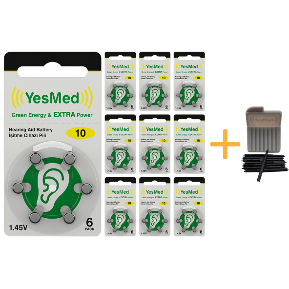 YesMed Extra Power 10 Numara İşitme Cihazı Pili (10 Paket x 6 Adet - 60 Adet Pil) + HEDİYE YesMed WaxStop Filtre