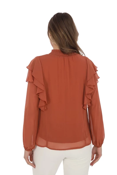 Omuz Fırfırlı Yaka Gipeli Şifon Bluz 6001-Taba - 5