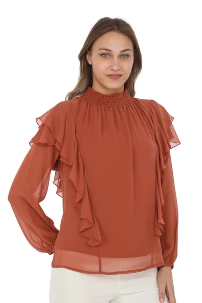 Omuz Fırfırlı Yaka Gipeli Şifon Bluz 6001-Taba - 4