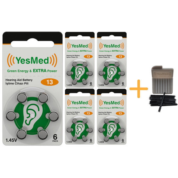 YesMed Extra Power 13 Numara İşitme Cihazı Pili (5 Paket x 6 Adet -30 Adet Pil) + HEDİYE YesMed WaxStop Filtre