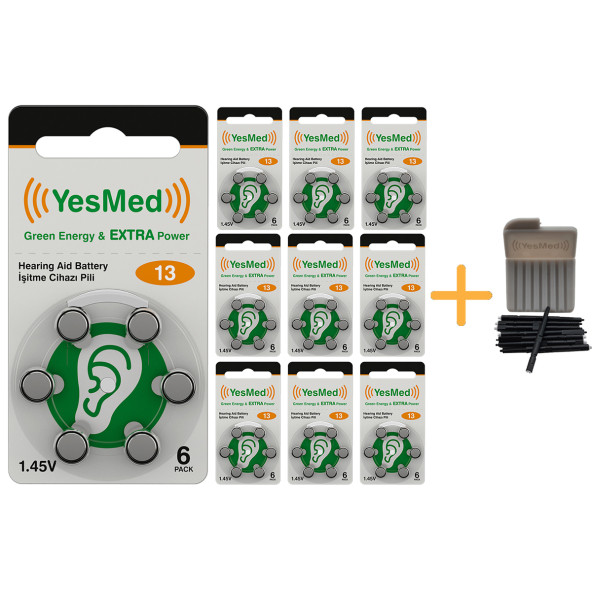 YesMed Extra Power 13 Numara İşitme Cihazı Pili (10 Paket x 6 Adet -60 Adet Pil) + HEDİYE YesMed WaxStop Filtre