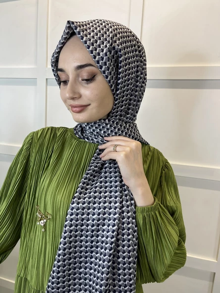 Siyane Scarf Pamuk Soft Şal, Geometrik Desen  01016  GRİ - Resim 2