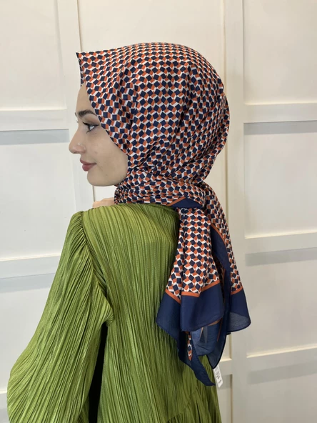 Siyane Scarf Pamuk Soft Şal, Geometrik Desen  01016  TURUNCU LACİVERT - Resim 3