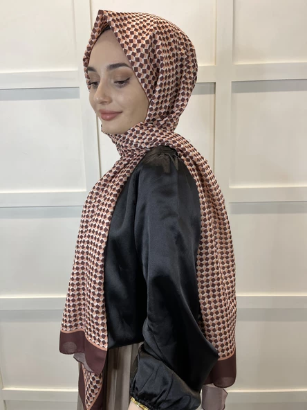 Siyane Scarf Pamuk Soft Şal, Geometrik Desen  01016  ACI KAHVE - Resim 2