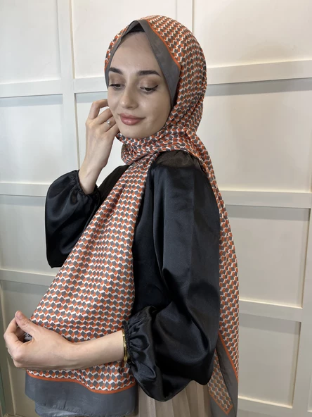 Siyane Scarf Pamuk Soft Şal, Geometrik Desen  01016  TURUNCU FÜME - Resim 2