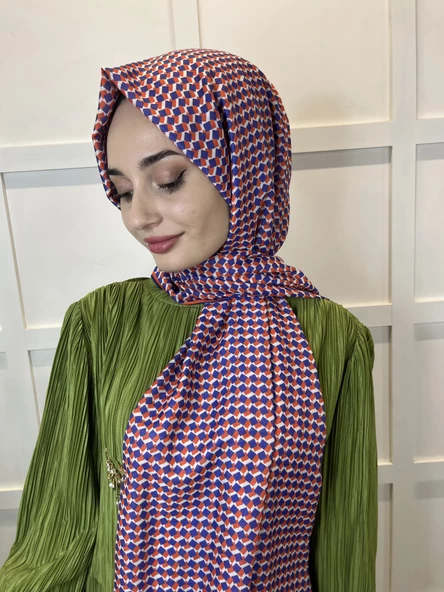 Siyane Scarf Pamuk Soft Şal, Geometrik Desen  01016  TURUNCU LİLA - Resim 2