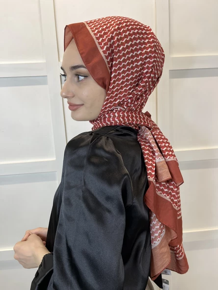 Siyane Scarf Pamuk Soft Şal, Geometrik Desen  01016  KİREMİT - Resim 3