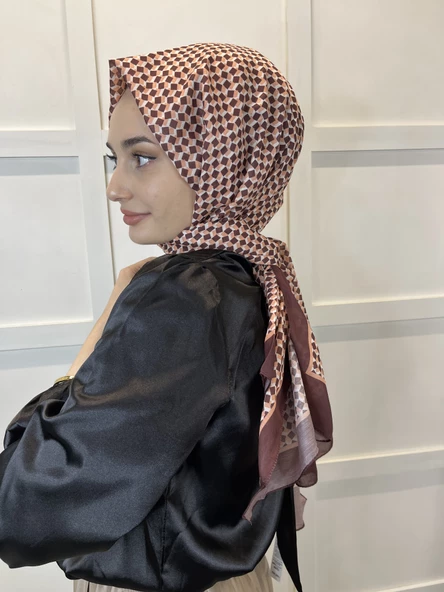 Siyane Scarf Pamuk Soft Şal, Geometrik Desen  01016  ACI KAHVE - Resim 3