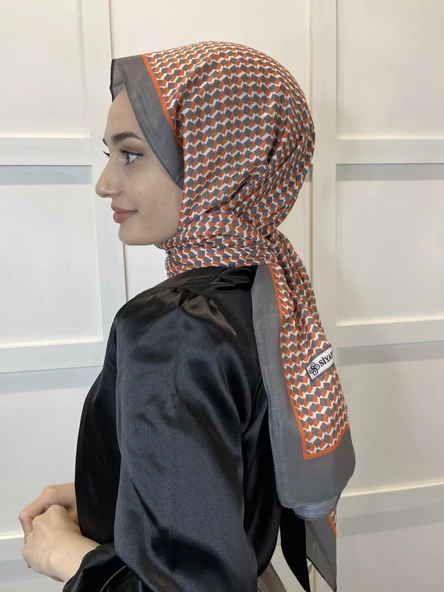 Siyane Scarf Pamuk Soft Şal, Geometrik Desen  01016  TURUNCU FÜME - Resim 3