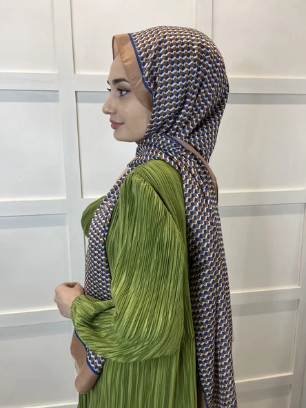 Siyane Scarf Pamuk Soft Şal, Geometrik Desen  01016  AÇIK KAHVE - Resim 3