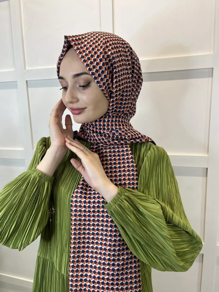 Siyane Scarf Pamuk Soft Şal, Geometrik Desen  01016  TURUNCU LACİVERT - Resim 2
