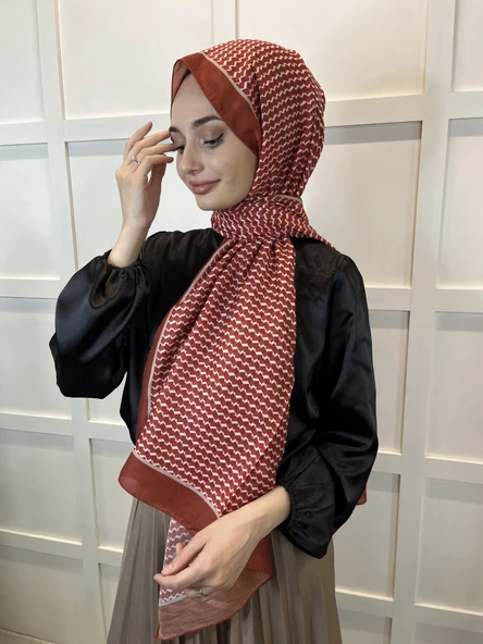 Siyane Scarf Pamuk Soft Şal, Geometrik Desen  01016  KİREMİT - Resim 2