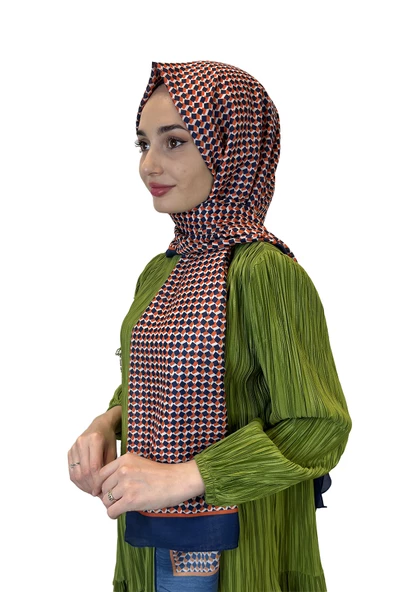 Siyane Scarf Pamuk Soft Şal, Geometrik Desen  01016  TURUNCU LACİVERT