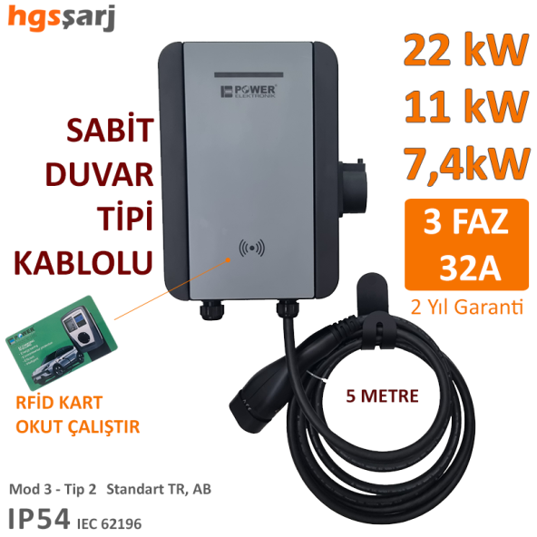 Power Elektronik 22kW-11kW-7,4kW Elektrikli Araç Şarj İstasyonu - 5 Metre Kablo - Duvar Tipi