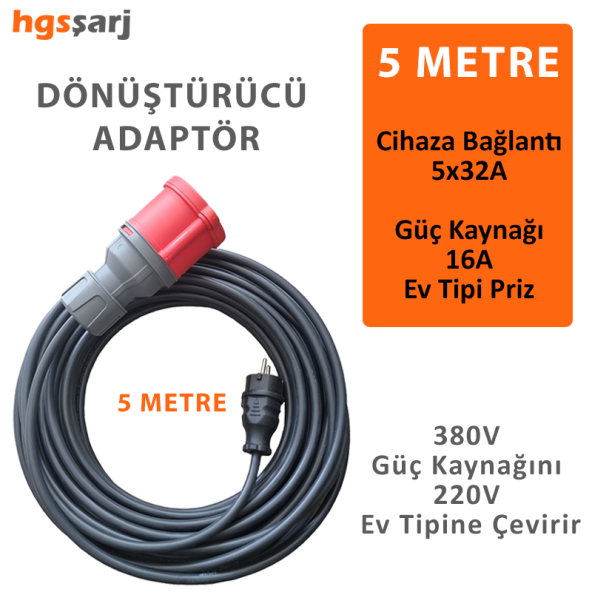 5 Metre Dönüştürücü Adaptör. 380V Güç Kaynaklı Elektrikli Araç Şarj Cihazını 220V dönüştürür