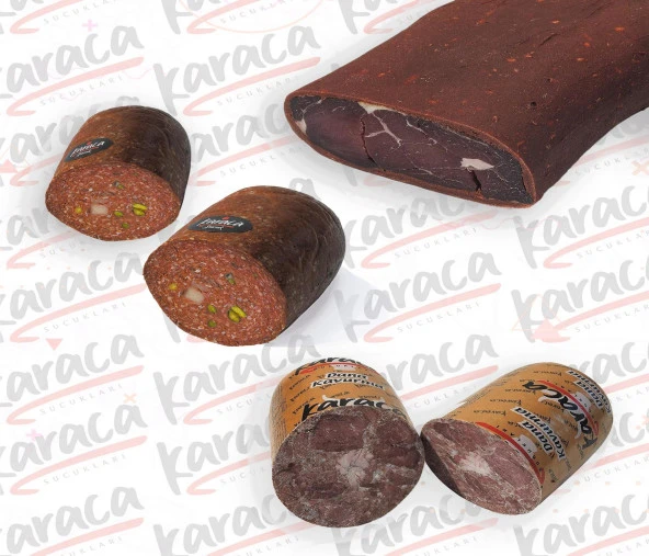 Karaca  Göden Antep Fıstıklı ve Hellim Peynirli Sucuk 1000 Gr Sırt Pastırma 1000 Gr Blok Dana Kavurma 1000 Gr