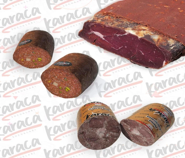 Karaca  Göden Antep Fıstıklı ve Hellim Peynirli Sucuk 1000 Gr Sırt Çemensiz Pastırma 1000 Gr Blok Dana Kavurma 1000 Gr