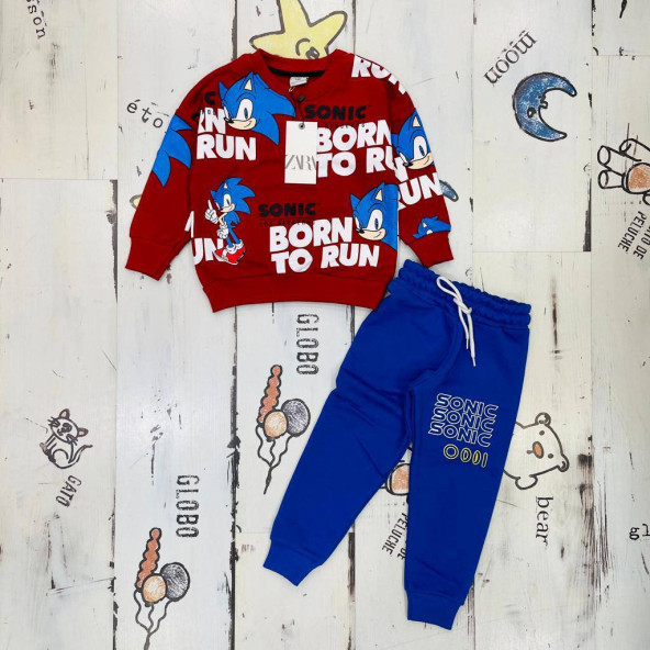 Sonic Çizgi Karakterli Kırmızı Erkek Çocuk Eşofman Pijama Alt Üst Takımı
