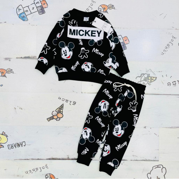 Mickey Mouse Çizgi Karakterli Siyah Erkek Çocuk Eşofman Pijama Alt Üst Takımı