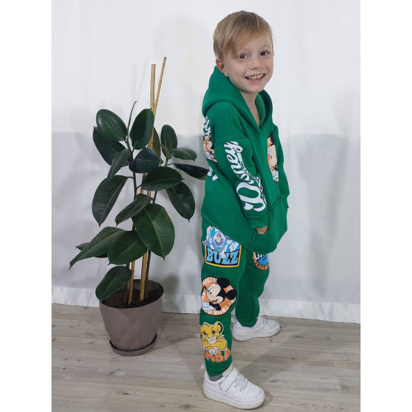 Mickey Mouse Çizgi Karakterli Yeşil Kapüşonlu Erkek Çocuk Eşofman Pijama Alt Üst Takımı - 2