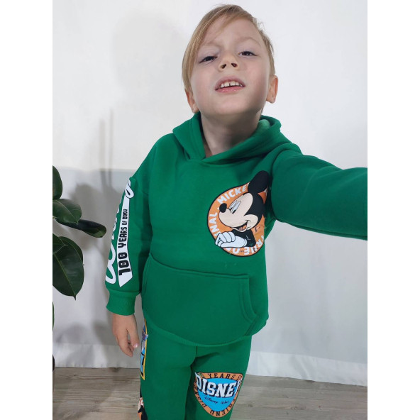 Mickey Mouse Çizgi Karakterli Yeşil Kapüşonlu Erkek Çocuk Eşofman Pijama Alt Üst Takımı - 3