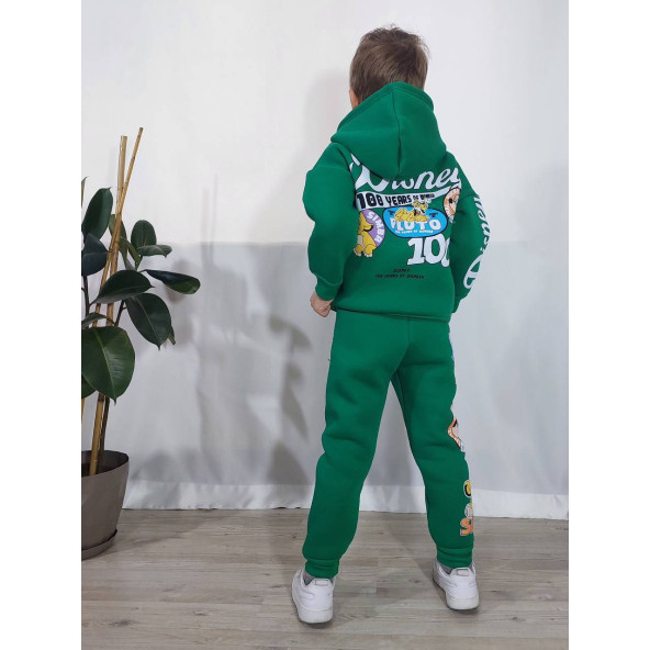 Mickey Mouse Çizgi Karakterli Yeşil Kapüşonlu Erkek Çocuk Eşofman Pijama Alt Üst Takımı - 4