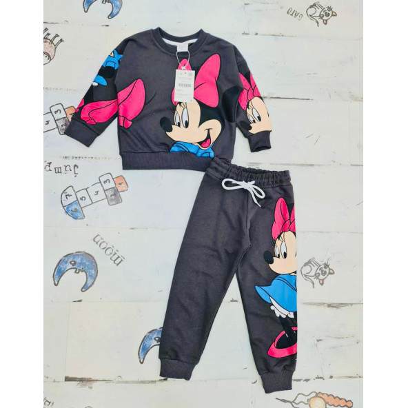 Minnie Mouse Çizgi Karakterli Antresit Kız Çocuk Eşofman Pijama Alt Üst Takımı