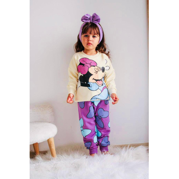 Minnie Mouse Çizgi Karakterli Bej Kız Çocuk Eşofman Pijama Alt Üst Takımı