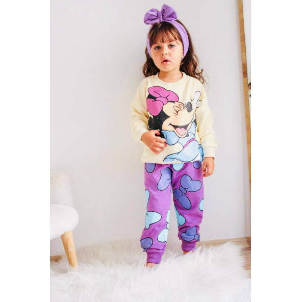 Minnie Mouse Çizgi Karakterli Bej Kız Çocuk Eşofman Pijama Alt Üst Takımı - 2