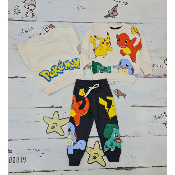 Pokemon Baskılı Bej Erkek Çocuk Alt Üst Pijama Takım - 3