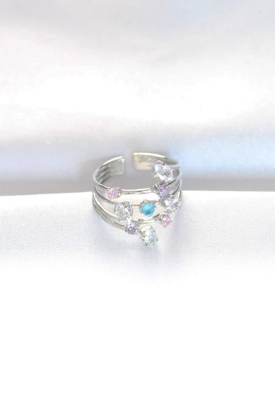 Renkli Zirkon Taşlı Silver Renk Ayarlanabilir Yüzük - TJ-BYK3127 - Resim 2