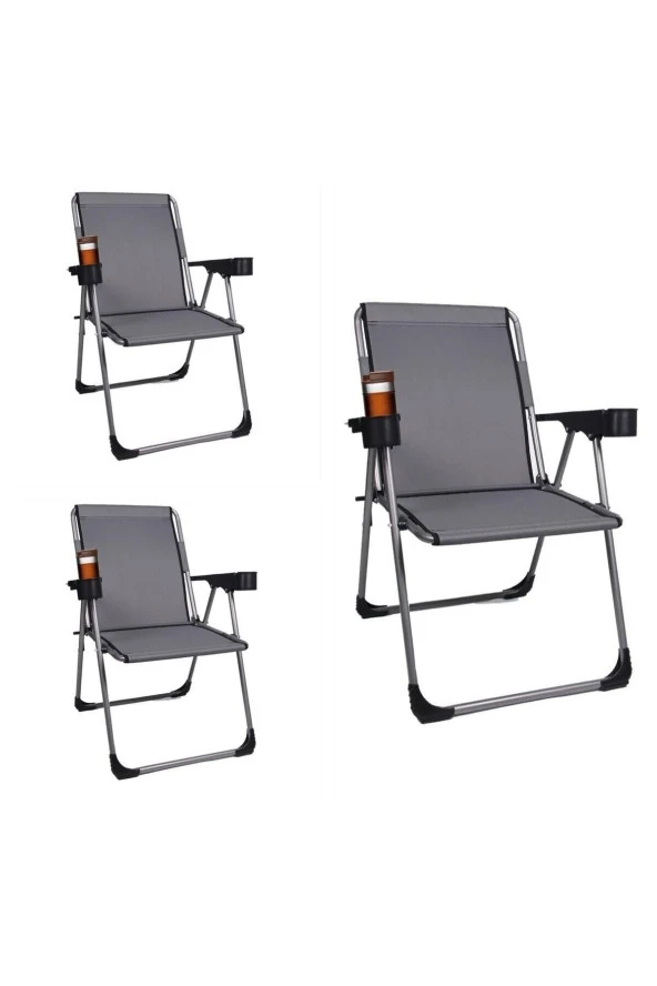 Lüks Bardaklıklı Kamp & Piknik Sandalyesi 3''lü