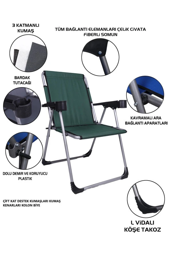 Kamp 3''lü 140 Kg Taşima Kapasiteli Lüks Bardaklıklı Kamp & Piknik Sandalyesi Ssd-04