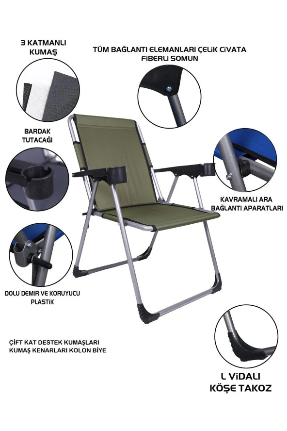 140 Kg Taşima Kapasiteli Lüks Bardaklıklı Kamp & Piknik Sandalyesi