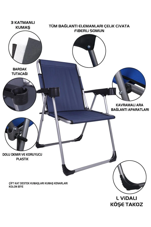 140 Kg Taşima Kapasiteli 2'li Lüks Bardaklıklı Kamp & Piknik Sandalyesi - Resim 4