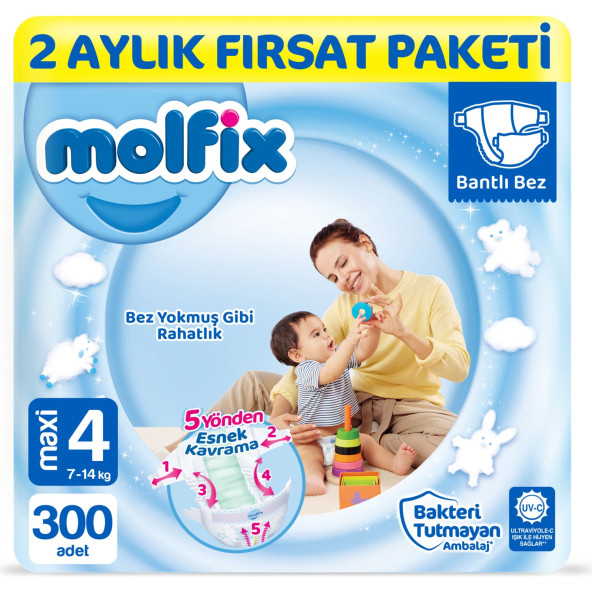 Molfix Bebek Bezi yeni nesil  4 Beden Maxi  Fırsat Paketi 300 adet