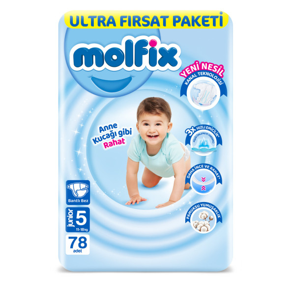 Molfix Bebek Bezi  yeni nesil Ultra Fırsat Paketi Junior 5 No 78 Li X 3 Adet