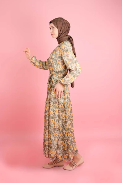 Yeni Koleksiyon Astarlı Şifon Kır Çiçeği Model Sarı - 2