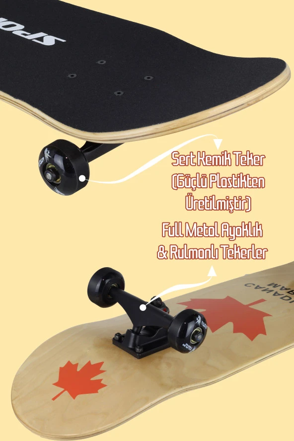 Kemik Teker Kaykay Semi-PRO 8 Katman Yüzey Zımparalı Kaymaz Skateboard 80 cm Canadian Maple - 2