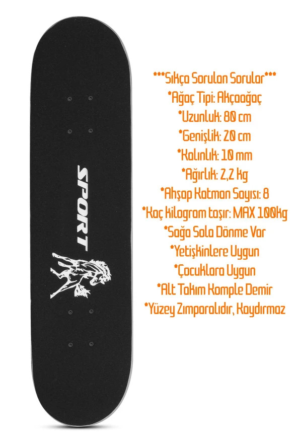 Kemik Teker Kaykay Semi-PRO 8 Katman Yüzey Zımparalı Kaymaz Skateboard 80 cm Canadian Maple - 6