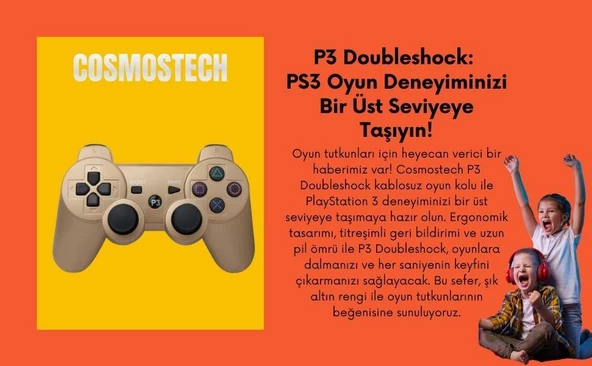 Cosmostech P3 Doubleshock PS3 Playstation 3 için Uyumlu Kablosuz Titreşimli Oyun Kolu Gamepad Joystick Controller Gold - Resim 3