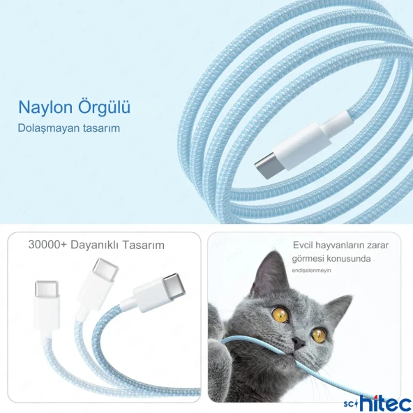 ScHitec 6A 60W Apple İphone 15 ve Üzeri Uyumlu Type-C to Type-C Örgülü Hızlı Data ve Şarj Kablosu Beyaz - 5