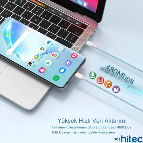 ScHitec 6A 60W Apple İphone 15 ve Üzeri Uyumlu Type-C to Type-C Örgülü Hızlı Data ve Şarj Kablosu Beyaz - 6