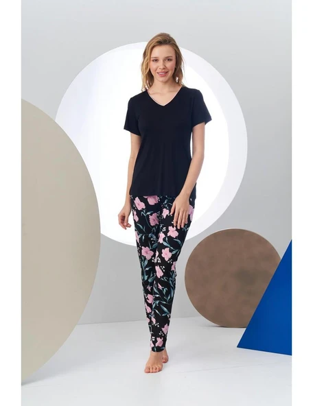Pjs 24168 Kadın Kısa Kollu V Yaka Desenli Pijama Takım - 2